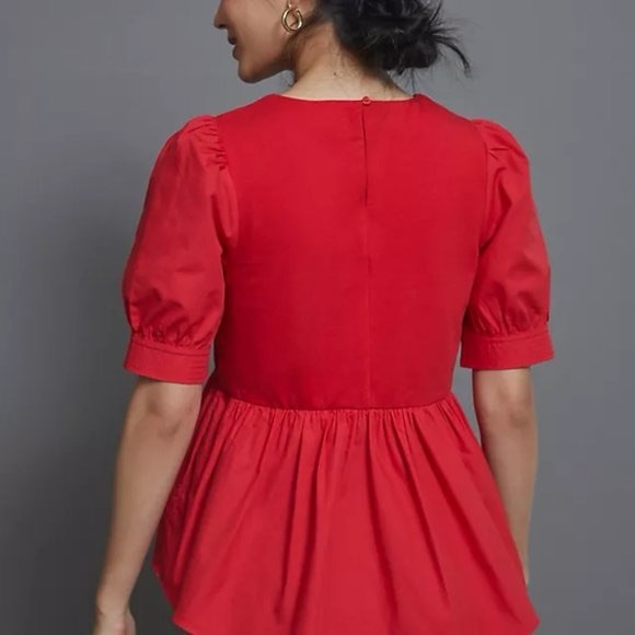 Anthropologie Red Puff Sleeve babydoll peplum Blouse valentines cottagecore - Picture 7 of 7